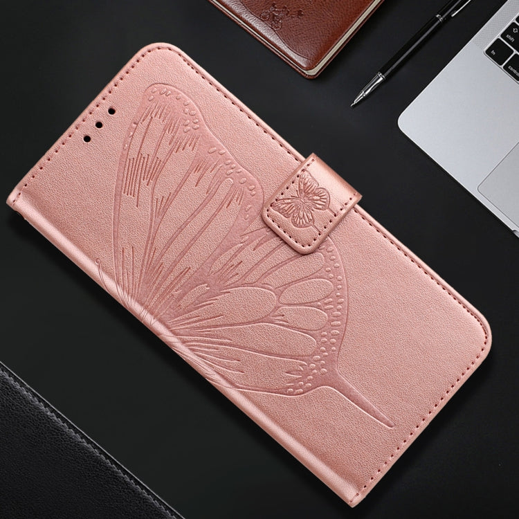 For iPhone 16 Embossed Butterfly Leather Phone Case(Rose Gold)