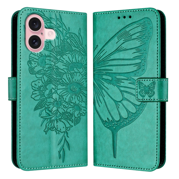 For iPhone 16 Embossed Butterfly Leather Phone Case(Green)