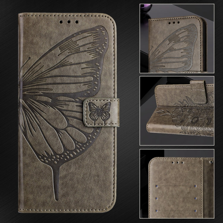 For iPhone 16 Embossed Butterfly Leather Phone Case(Grey)