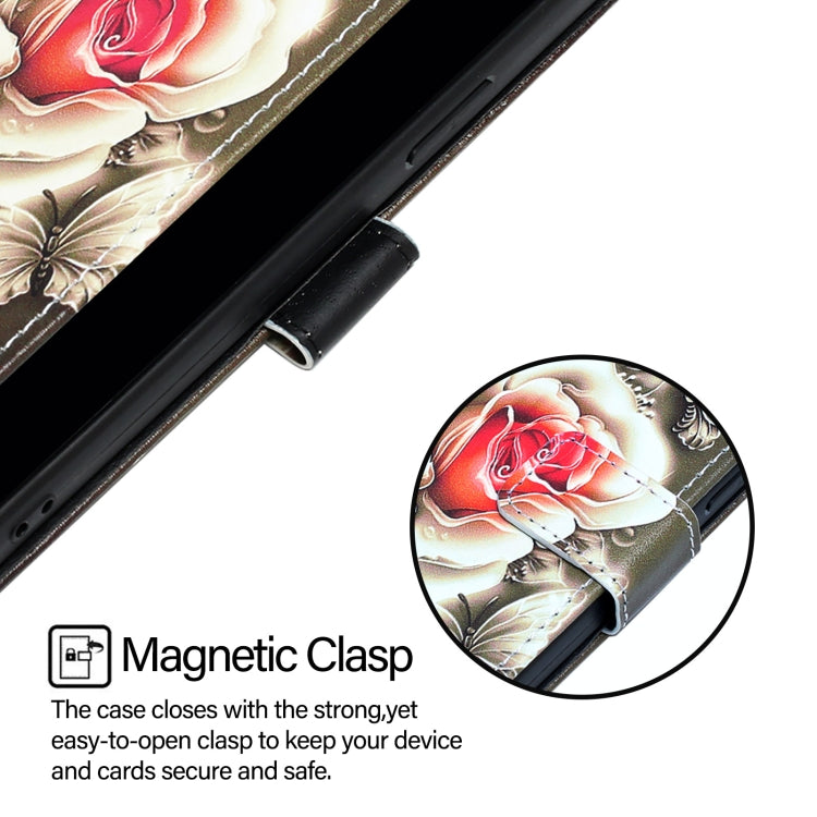 For iPhone 16e Colored Drawing Pattern Plain Weave Leather Phone Case(Roses On Black)