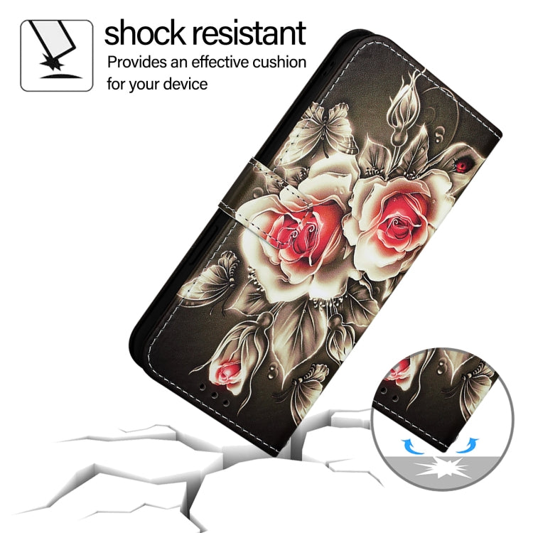 For iPhone 16e Colored Drawing Pattern Plain Weave Leather Phone Case(Roses On Black)