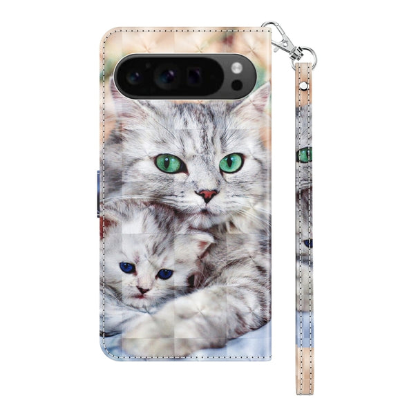 For Google Pixel 9 Pro 3D Painted Pattern Leather Phone Case(Two Loving Cats)