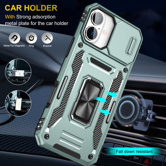 For iPhone 16 Armor PC + TPU Camera Shield Phone Case(Alpine Green)