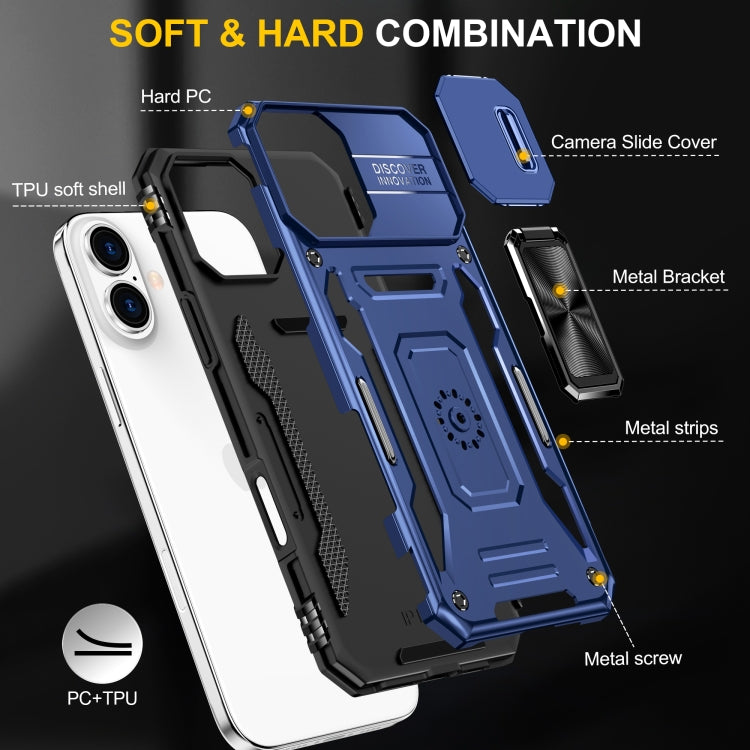 For iPhone 16 Armor PC + TPU Camera Shield Phone Case(Navy Blue)