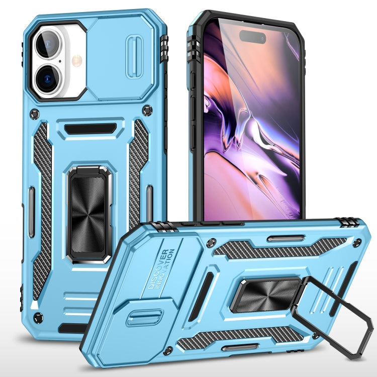 For iPhone 16 Armor PC + TPU Camera Shield Phone Case(Light Blue)