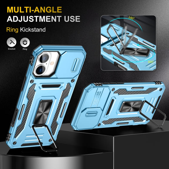 For iPhone 16 Armor PC + TPU Camera Shield Phone Case(Light Blue)