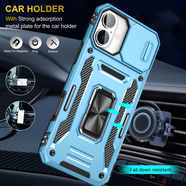 For iPhone 16 Armor PC + TPU Camera Shield Phone Case(Light Blue)