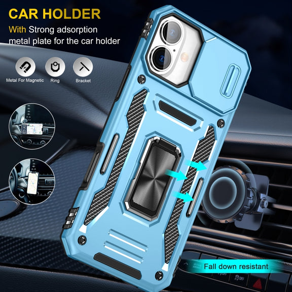 For iPhone 16 Armor PC + TPU Camera Shield Phone Case(Light Blue)