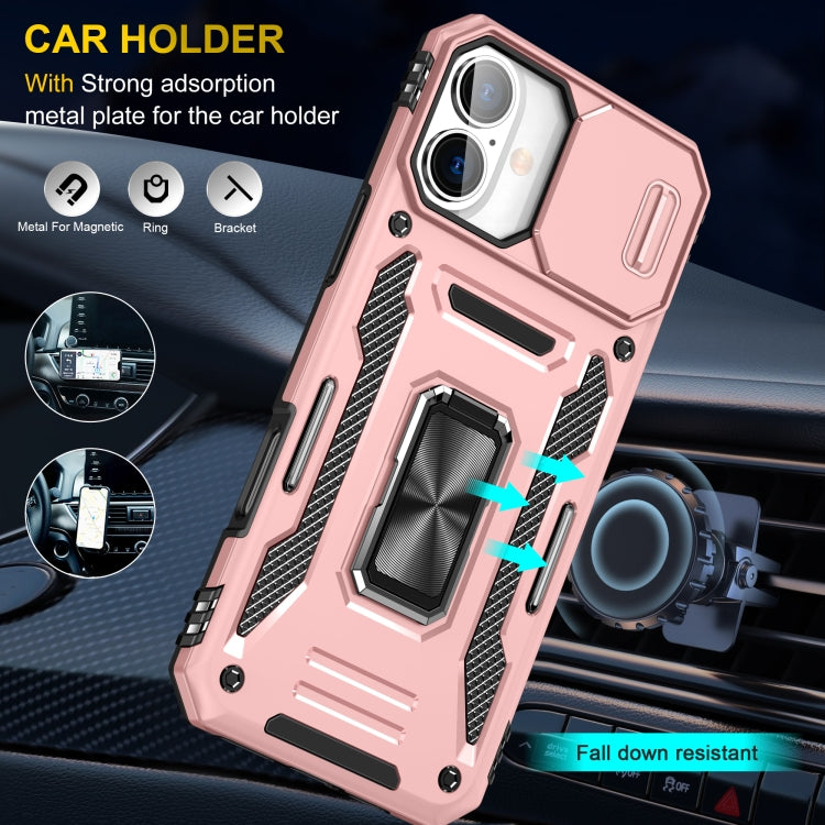 For iPhone 16 Armor PC + TPU Camera Shield Phone Case(Rose Gold)