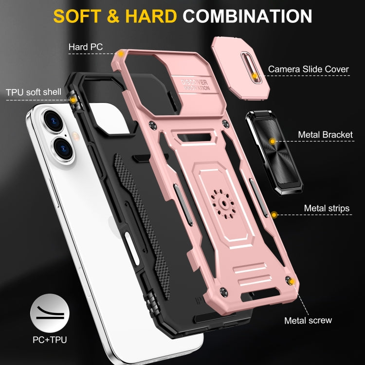 For iPhone 16 Armor PC + TPU Camera Shield Phone Case(Rose Gold)