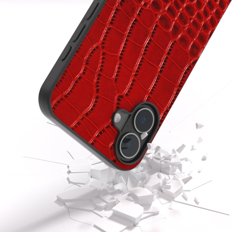 For iPhone 16 ABEEL Genuine Leather Crocodile Pattern Black Edge Phone Case(Red)