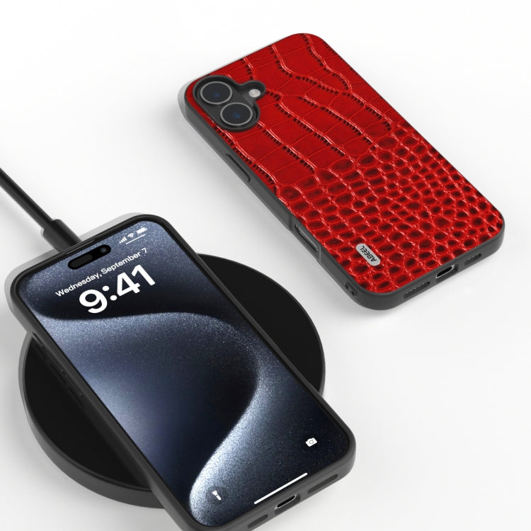 For iPhone 16 ABEEL Genuine Leather Crocodile Pattern Black Edge Phone Case(Red)