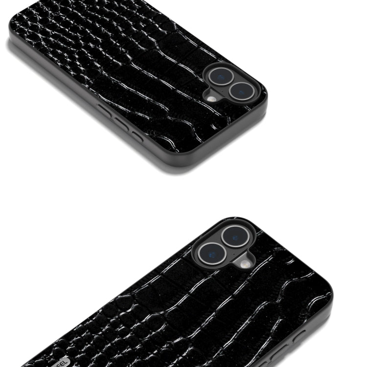 For iPhone 16 Plus ABEEL Genuine Leather Crocodile Pattern Black Edge Phone Case(Black)