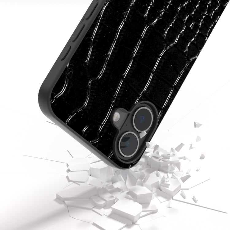 For iPhone 16 Plus ABEEL Genuine Leather Crocodile Pattern Black Edge Phone Case(Black)