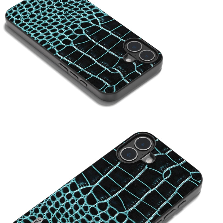 For iPhone 16 Plus ABEEL Genuine Leather Crocodile Pattern Black Edge Phone Case(Blue)