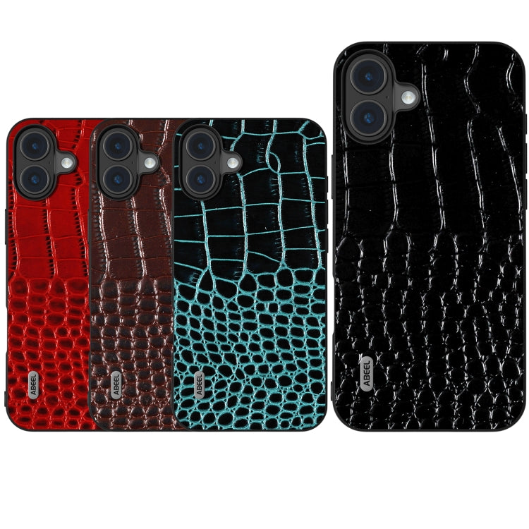For iPhone 16 Plus ABEEL Genuine Leather Crocodile Pattern Black Edge Phone Case(Blue)