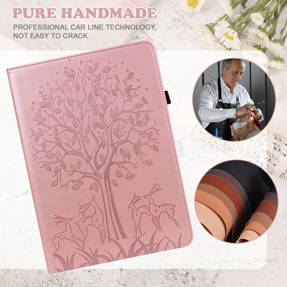 For Amazon Fire Max 11 Tree & Deer Embossed Leather Tablet Case(Pink)