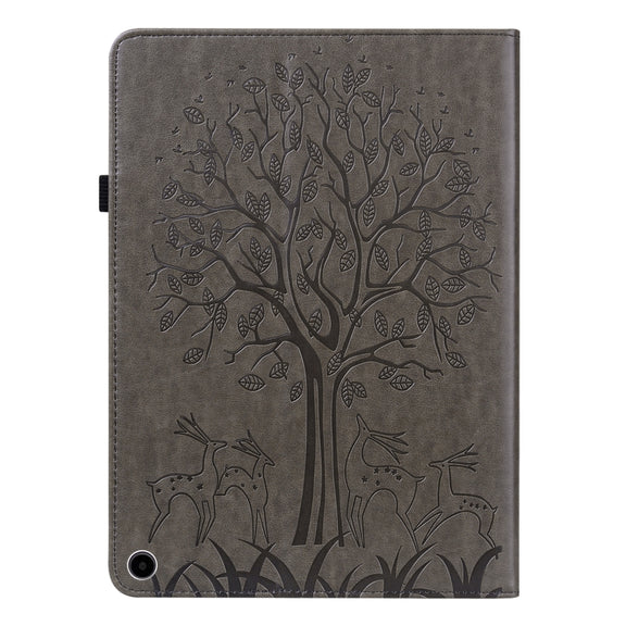 For Amazon Fire Max 11 Tree & Deer Embossed Leather Tablet Case(Grey)