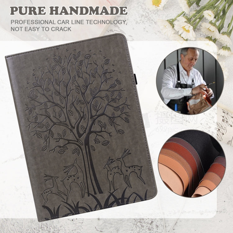 For Amazon Fire Max 11 Tree & Deer Embossed Leather Tablet Case(Grey)