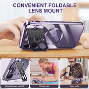 For iPhone 15 Large Window Holder MagSafe Magnetic Metal Phone Case(Purple)