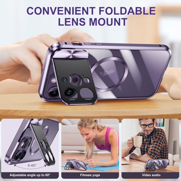 For iPhone 14 Large Window Holder MagSafe Magnetic Metal Phone Case(Purple)