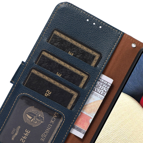For iPhone 16e KHAZNEH Litchi Texture Leather RFID Phone Case(Blue)