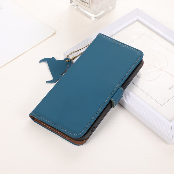 For iPhone 16 Pro Genuine Leather Magnetic RFID Leather Phone Case(Blue)