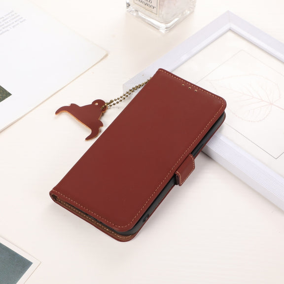 For iPhone 16 Pro Genuine Leather Magnetic RFID Leather Phone Case(Coffee)