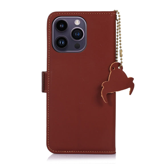 For iPhone 16 Pro Genuine Leather Magnetic RFID Leather Phone Case(Coffee)