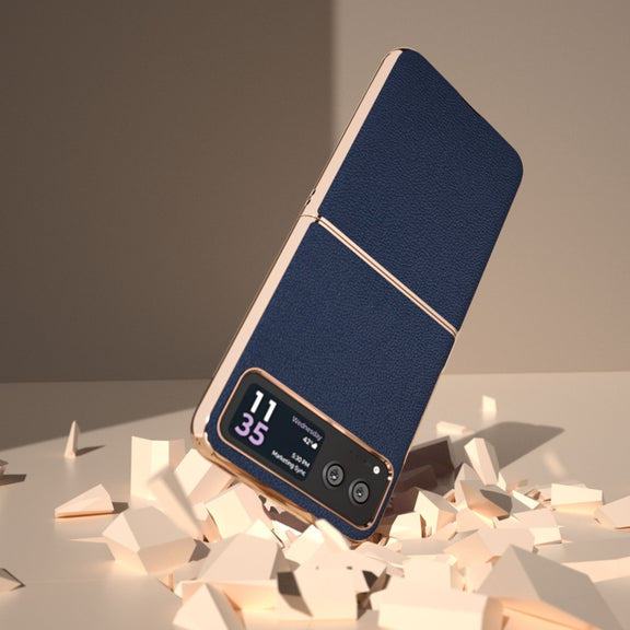 For Motorola Razr 40 Nano Plating Genuine Leather Luolai Series Phone Case(Dark Blue)