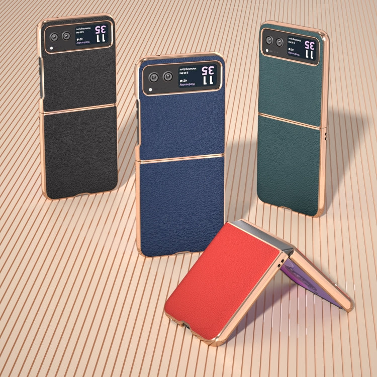 For Motorola Razr 40 Nano Plating Genuine Leather Luolai Series Phone Case(Dark Blue)