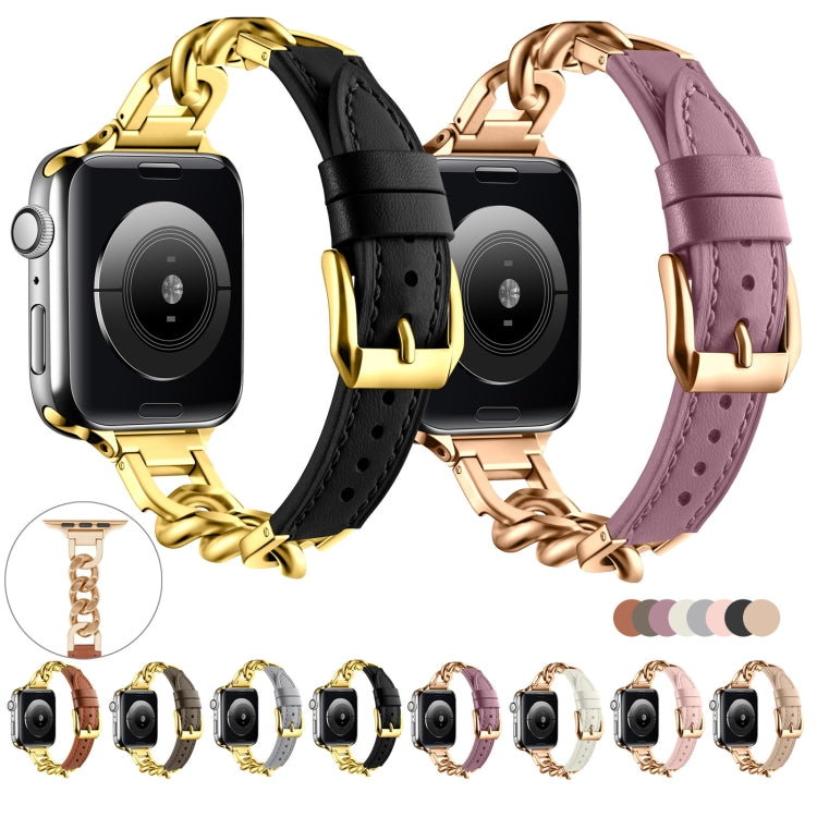 For Apple Watch SE 2023 44mm Chain Genuine Leather Watch Band, Size: L(Gold Brown)