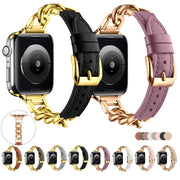 For Apple Watch SE 2023 44mm Chain Genuine Leather Watch Band, Size: L(Gold Brown)