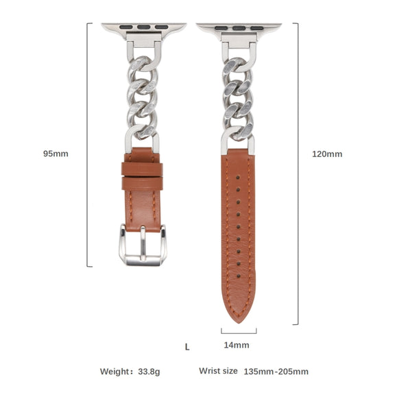 For Apple Watch Series 10 46mm Chain Genuine Leather Watch Band, Size: L(Gold Dark Brown)