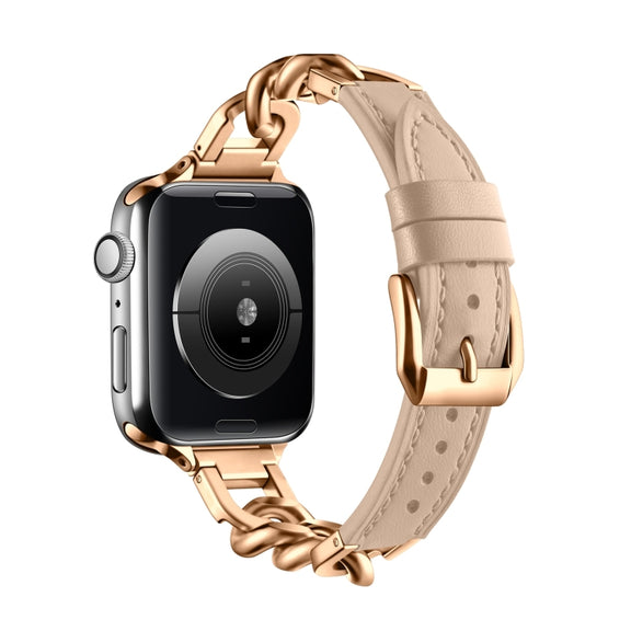 For Apple Watch Series 9 41mm Chain Genuine Leather Watch Band, Size: S(Rose Gold Apricot)
