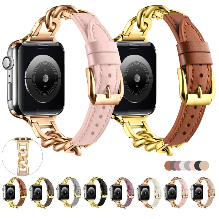 For Apple Watch SE 44mm Chain Genuine Leather Watch Band, Size: S(Gold Grey)