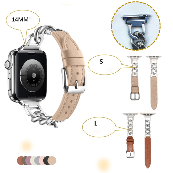 For Apple Watch 38mm Chain Genuine Leather Watch Band, Size: S(Gold Black)
