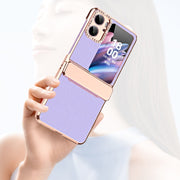 For OPPO Find N2 Flip Plated Plain Leather Folding Phone Case with Hinge(White)