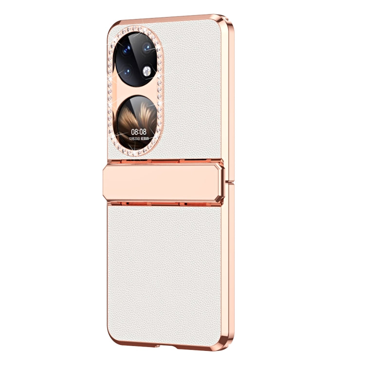 For Huawei P50 Pocket Plated Plain Leather Folding Phone Case with Hinge(White)