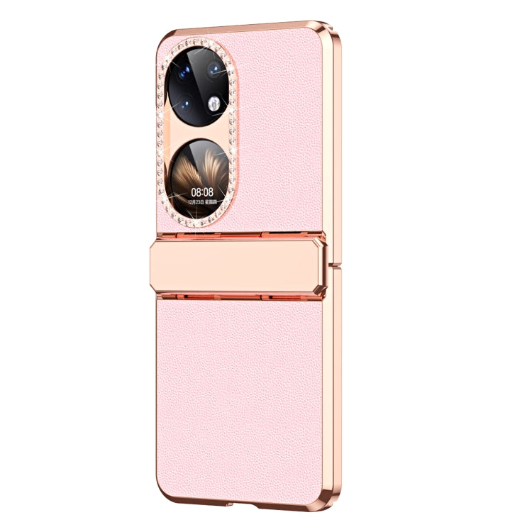 For Huawei P50 Pocket Plated Plain Leather Folding Phone Case with Hinge(Pink)