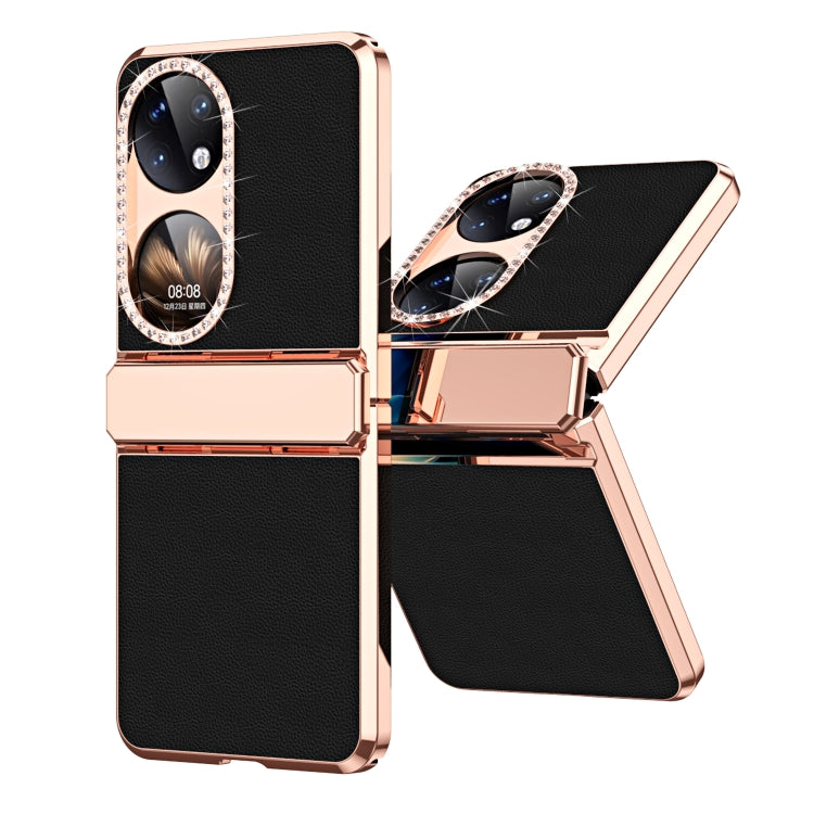 For Huawei P50 Pocket Plated Plain Leather Folding Phone Case with Hinge(Black)