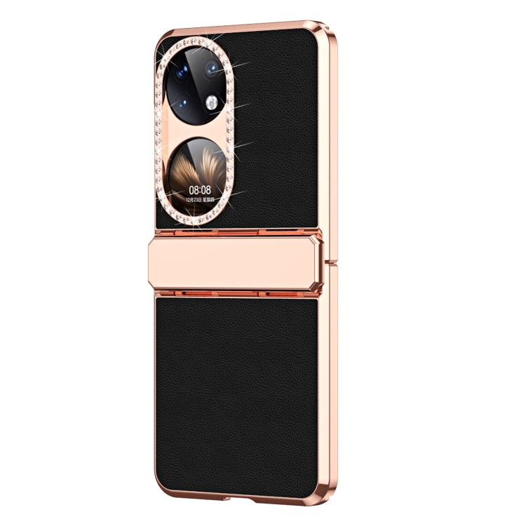 For Huawei P50 Pocket Plated Plain Leather Folding Phone Case with Hinge(Black)