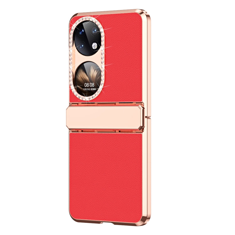 For Huawei P50 Pocket Plated Plain Leather Folding Phone Case with Hinge(Red)