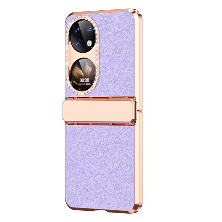 For Huawei P50 Pocket Plated Plain Leather Folding Phone Case with Hinge(Purple)