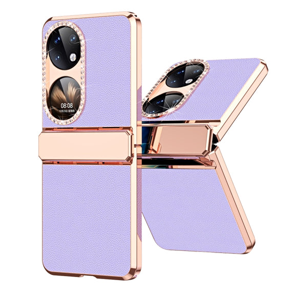 For Huawei P50 Pocket Plated Plain Leather Folding Phone Case with Hinge(Purple)