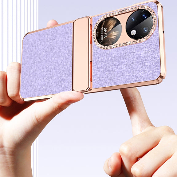 For Huawei P50 Pocket Plated Plain Leather Folding Phone Case with Hinge(White)