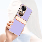 For Huawei P50 Pocket Plated Plain Leather Folding Phone Case with Hinge(White)