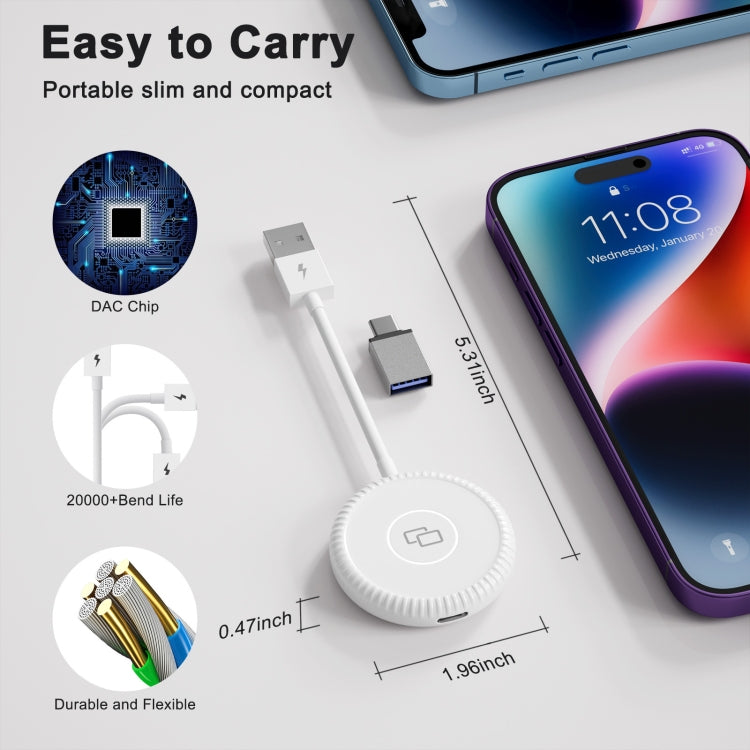 USB-C / Type-C + USB Carplay to Car Mirror Adapter for iPhone(White)