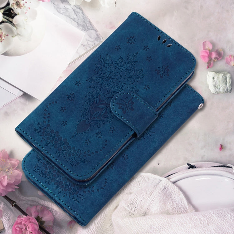 For Motorola Moto G Play 4G 2024 Butterfly Rose Embossed Leather Phone Case(Blue)