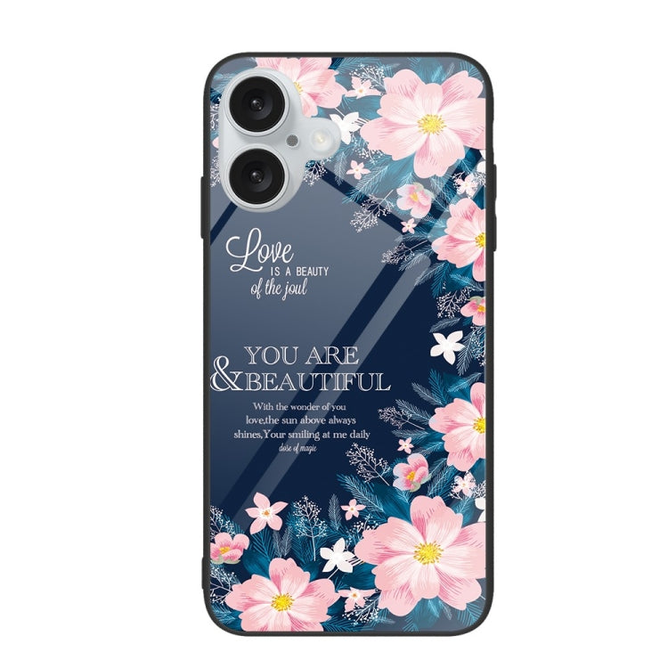 For iPhone 16 Plus Colorful Painted Glass Phone Case(Flower)